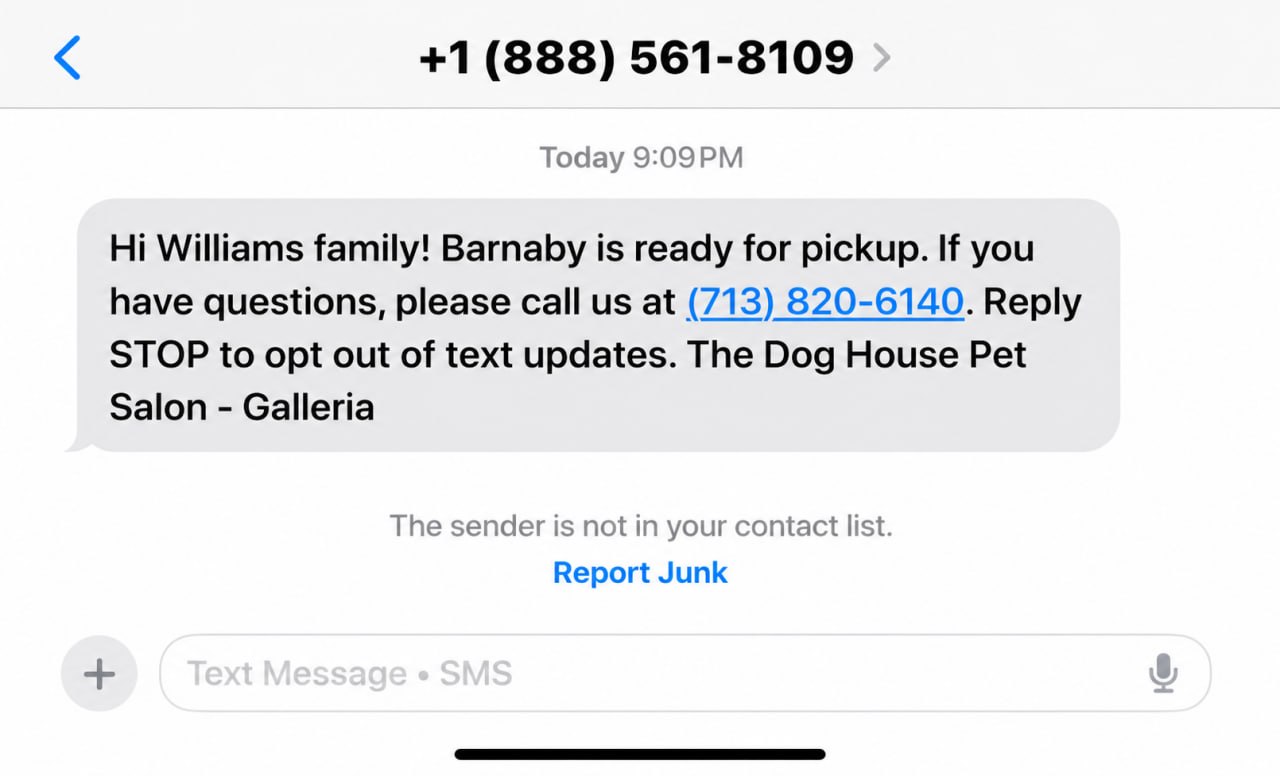 PawOps SMS ready for pickup notification to pet owner